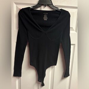 Free People Intimately Black Fitted Ribbed Bodysuit Size Medium/Large